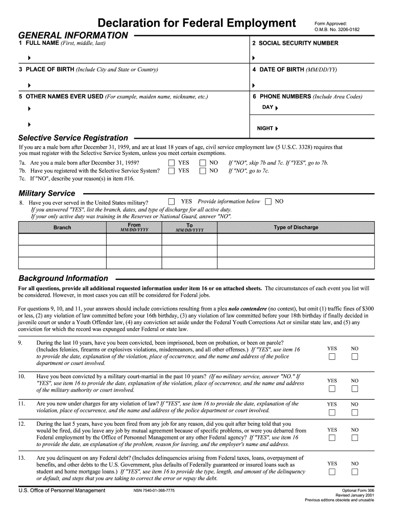2001 Form OPM OF 306 Fill Online Printable Fillable 