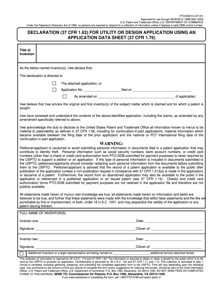 2007 Form PTO SB 01A Fill Online Printable Fillable 