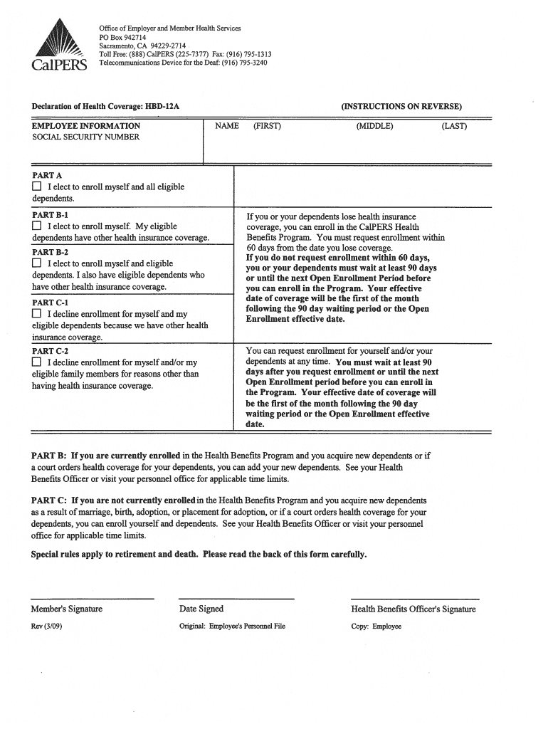 2009 Form CalPERS HBD 12A Fill Online Printable Fillable 