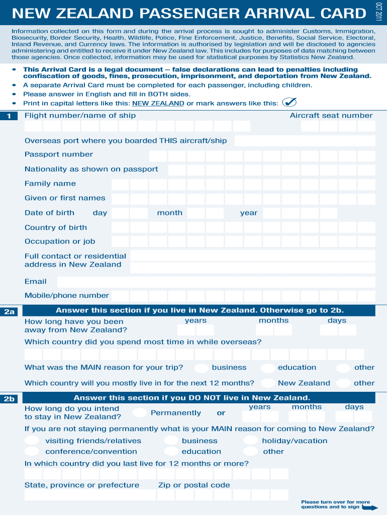 2011 Form NZ Passenger Arrival Card Fill Online Printable 