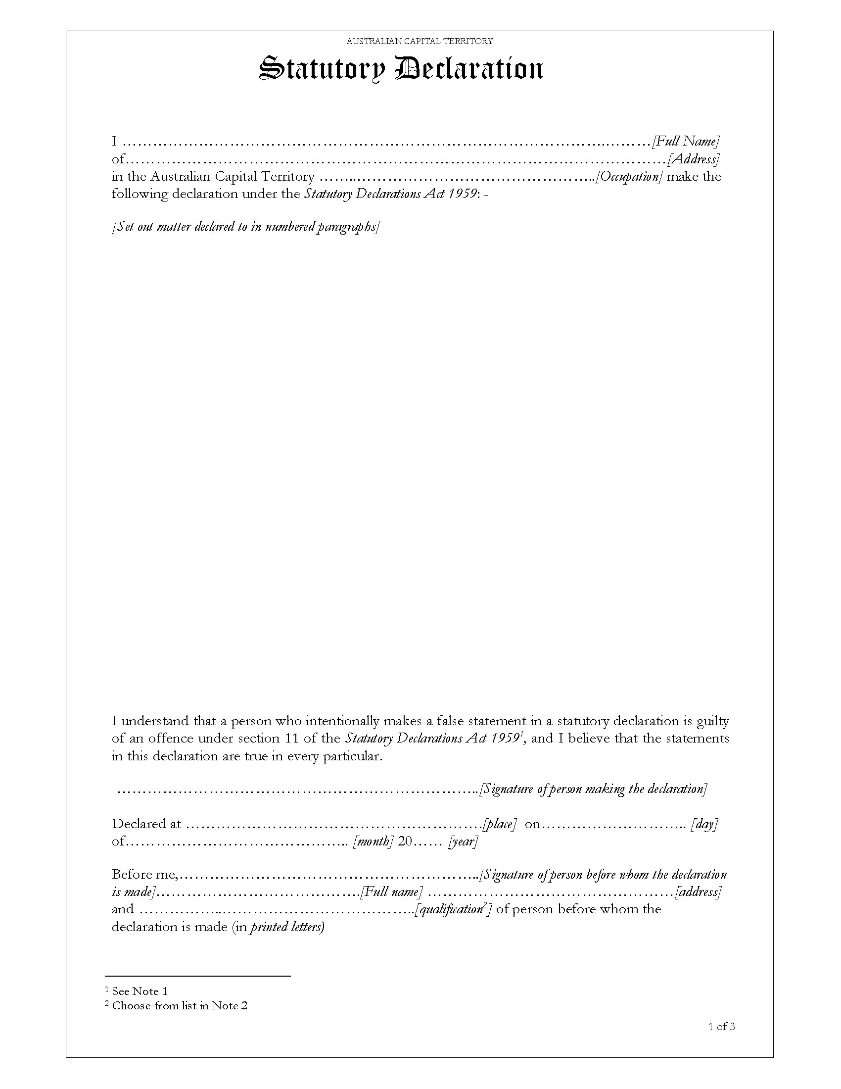 ACT Statutory Declaration Form Legal Forms And Business 