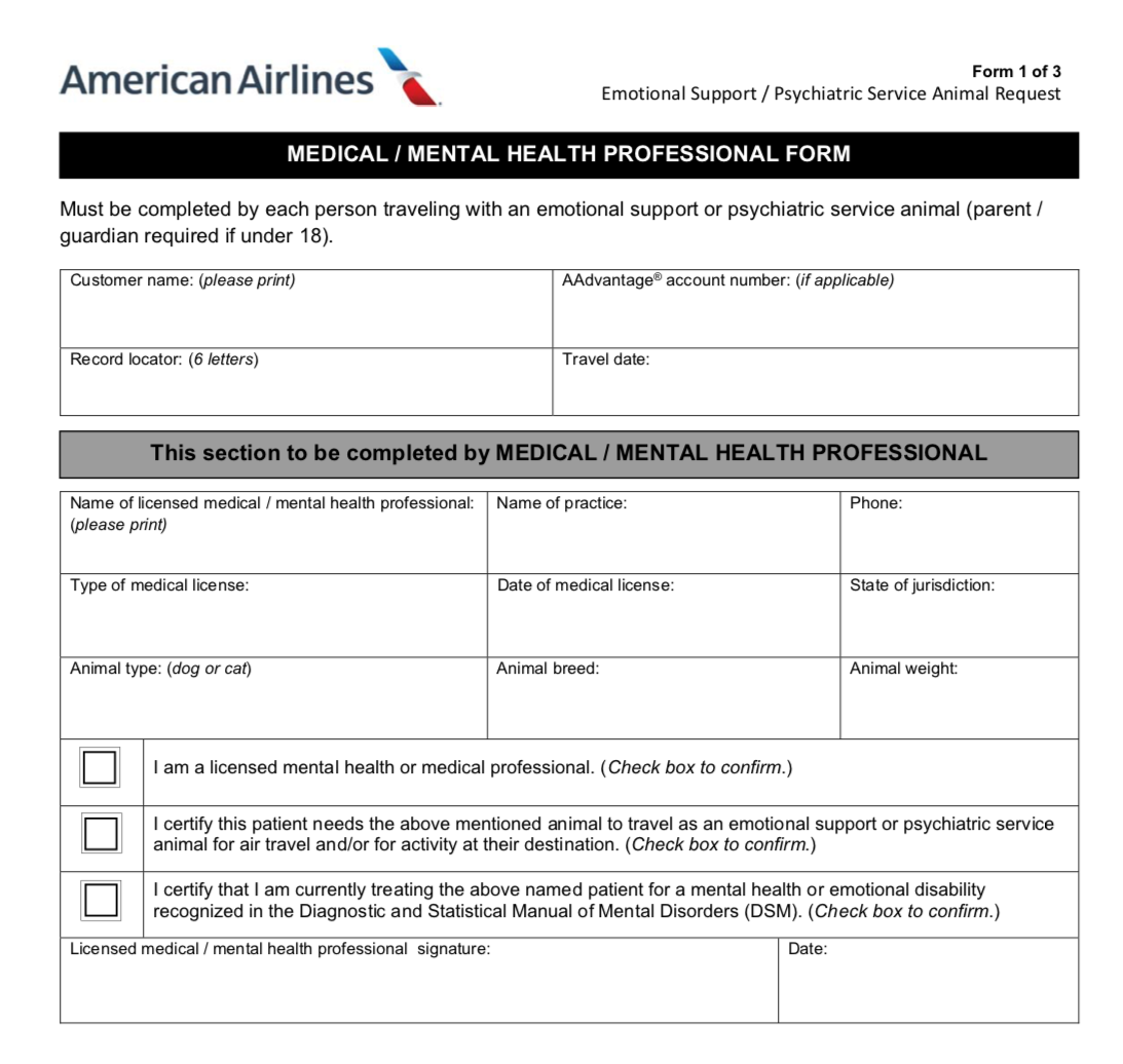 American Airlines Emotional Support Animal Policy ESA 