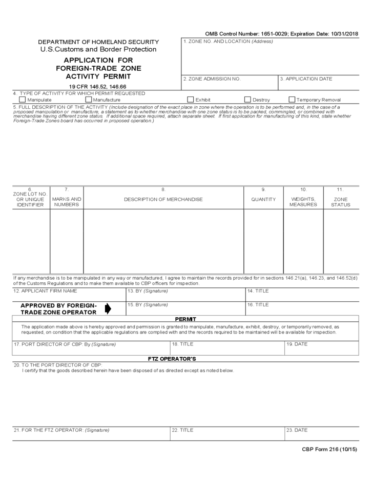 CBP Form 216 Application For Foreign Trade Zone Activity 