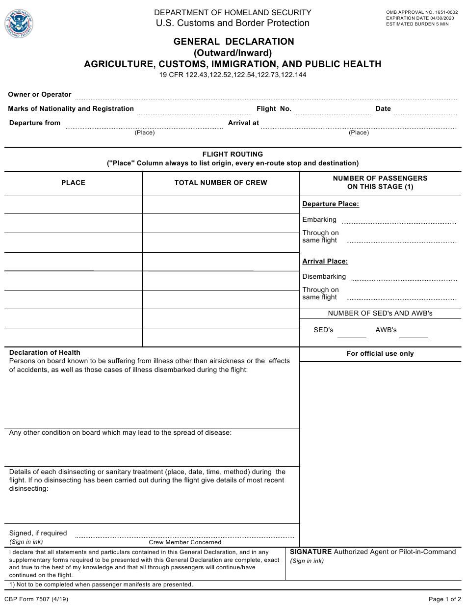 CBP Form 7507 Download Fillable PDF Or Fill Online General 