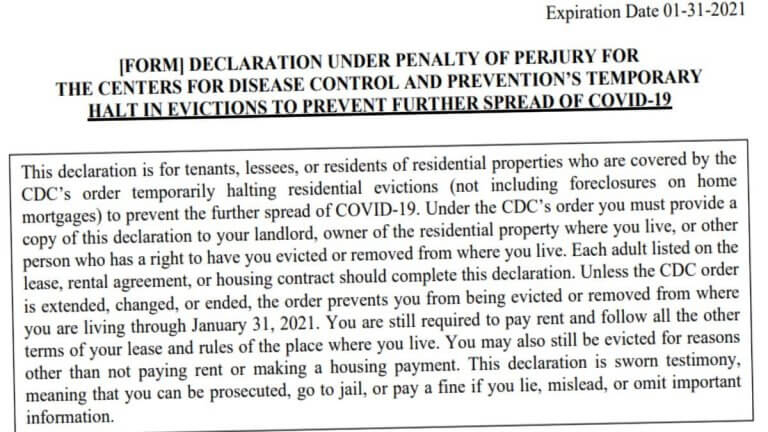 CDC Declaration Form Eviction 2021 Mortgages