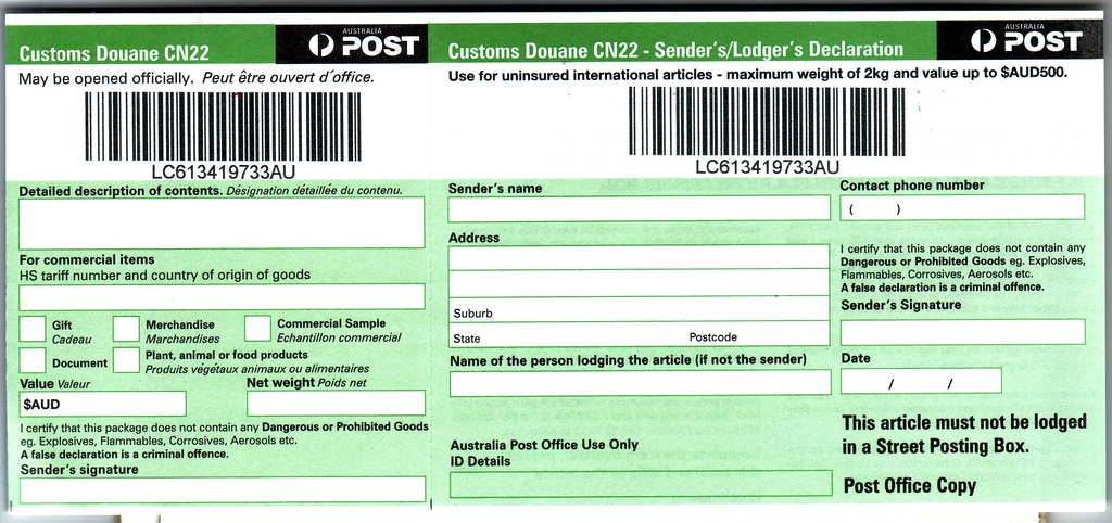 CN22 Australia My CN22 Customs Declaration Sticker From 