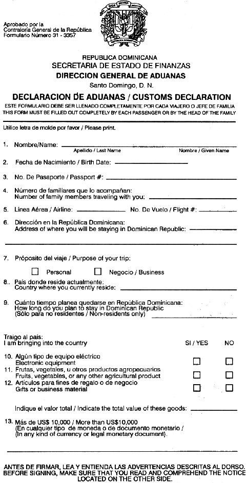Customs Form Front Dominican Republic Custom Forms 