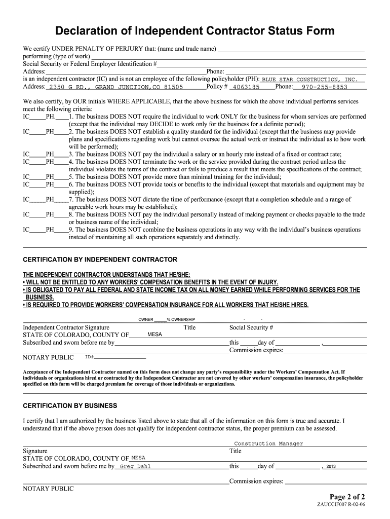 Declaration Of Independent Contractor Status Form Fill 