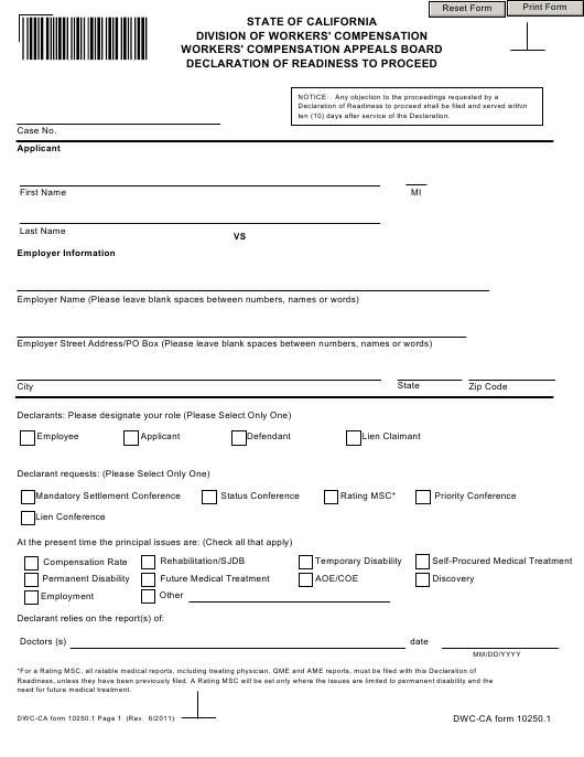 DWC CA Form 10250 1 Download Fillable PDF Or Fill Online 