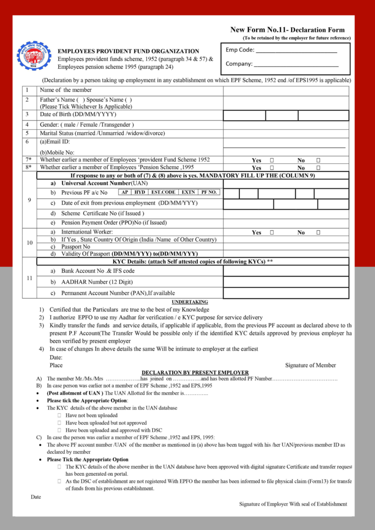 EPF Form 11 Self Declaration Form PDF Download Submission