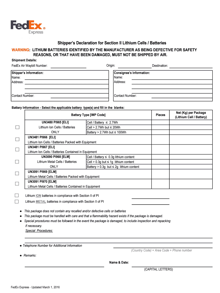 FedEx Shipper s Declaration For Section II Lithium Cells 