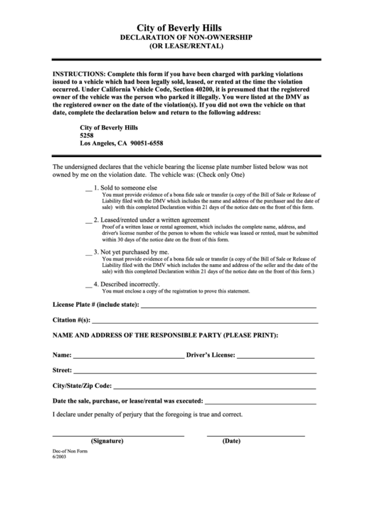 Fillable Declaration Form Of Non Ownership Or Lease 