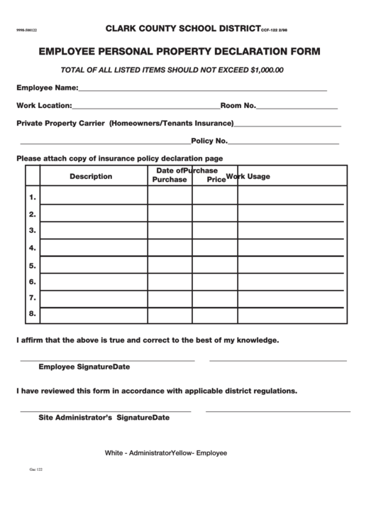 Fillable Employee Personal Property Declaration Form Ccf 