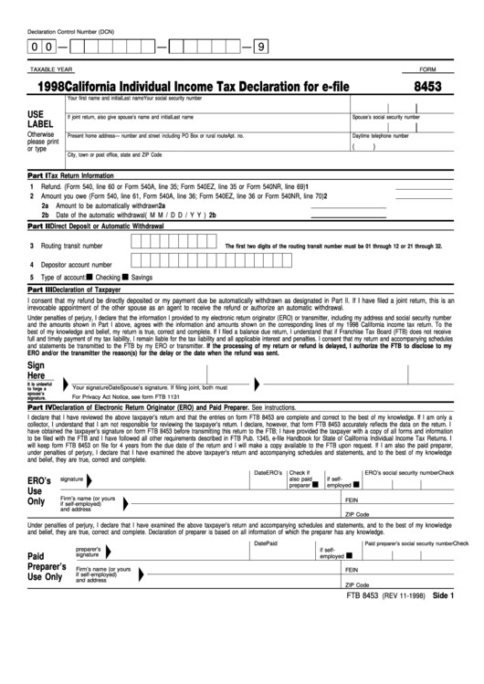 Fillable Form 8453 California Individual Income Tax 