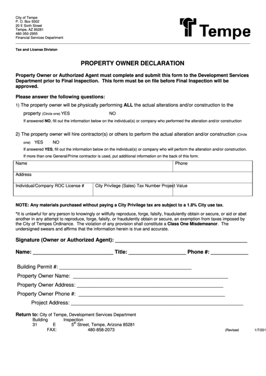Fillable Property Owner Declaration Form Printable Pdf 