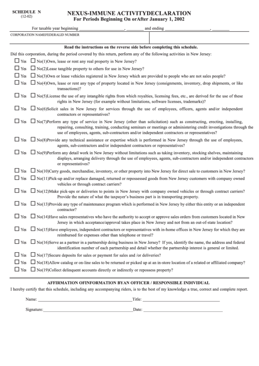Fillable Schedule N Nexus Immune Activity Declaration 