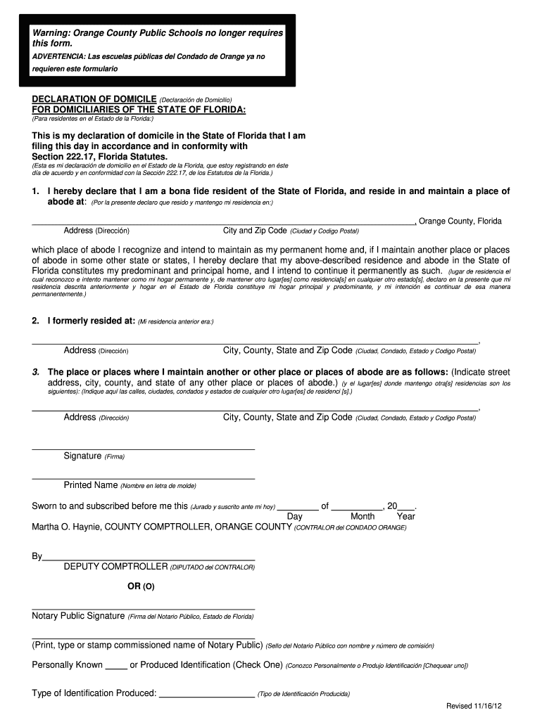 FL Declaration Of Domicile Orange County 2012 Complete 