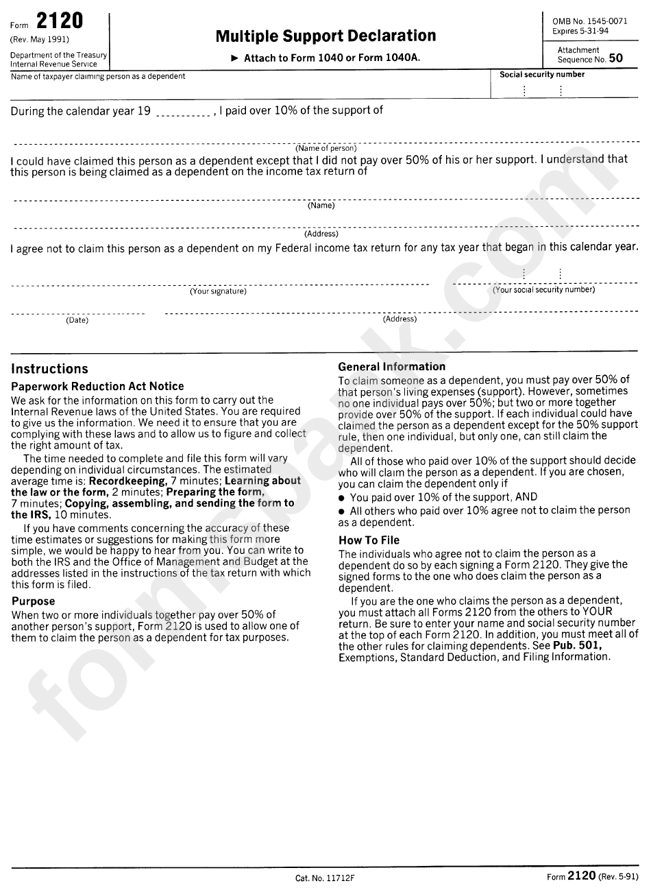Form 2120 Multiple Support Declaration Printable Pdf Download