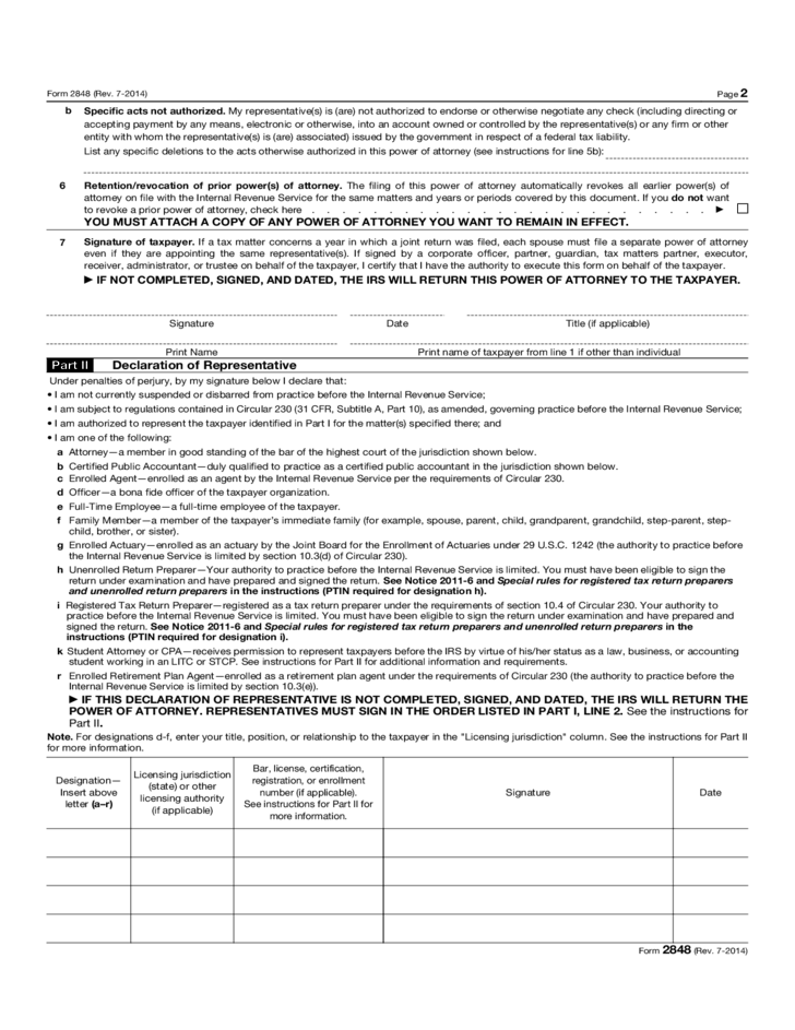Form 2848 Power Of Attorney And Declaration Of 