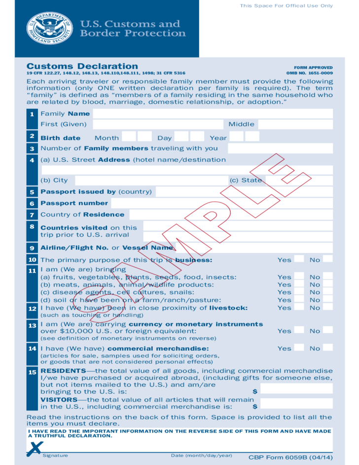 Form 6059B Customs Declaration Declaration Custom Free