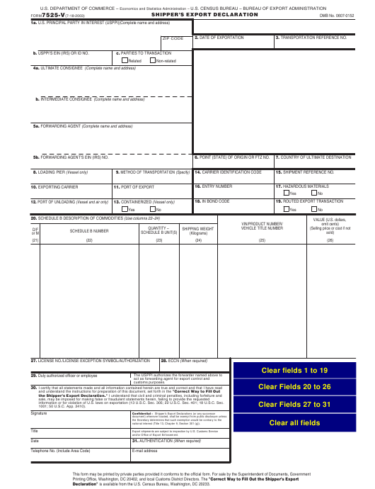 Form 7525 V Download Fillable PDF Or Fill Online Shipper s 