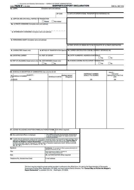 Form 7525 V Shipper S Export Declaration Printable Pdf 