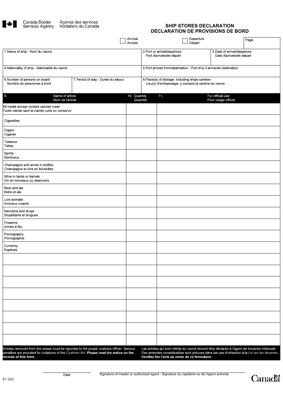 Form E1 Download Fillable PDF Or Fill Online Ships Stores 