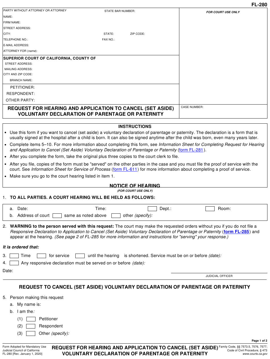 Form FL 280 Download Fillable PDF Or Fill Online Request 