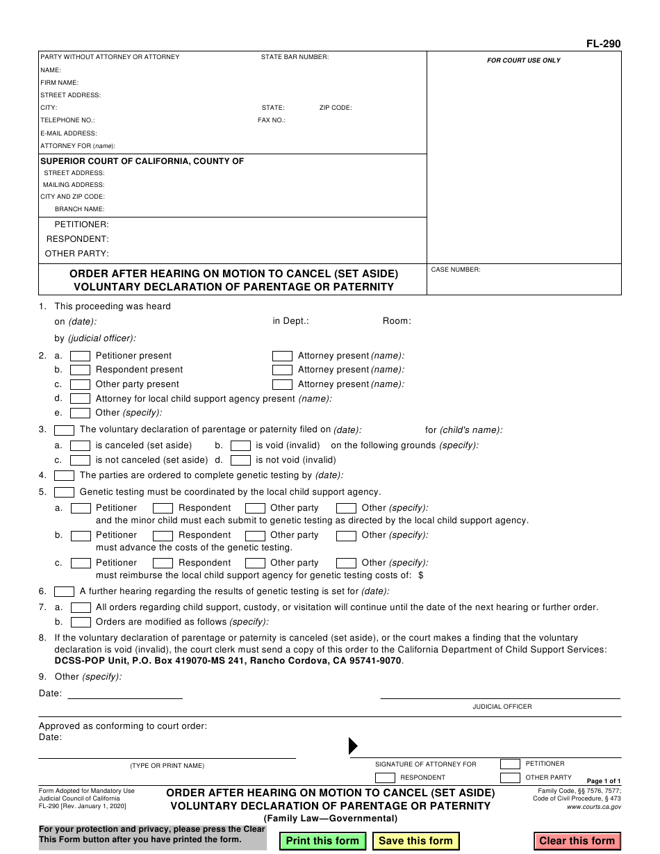 Form FL 290 Download Fillable PDF Or Fill Online Order 
