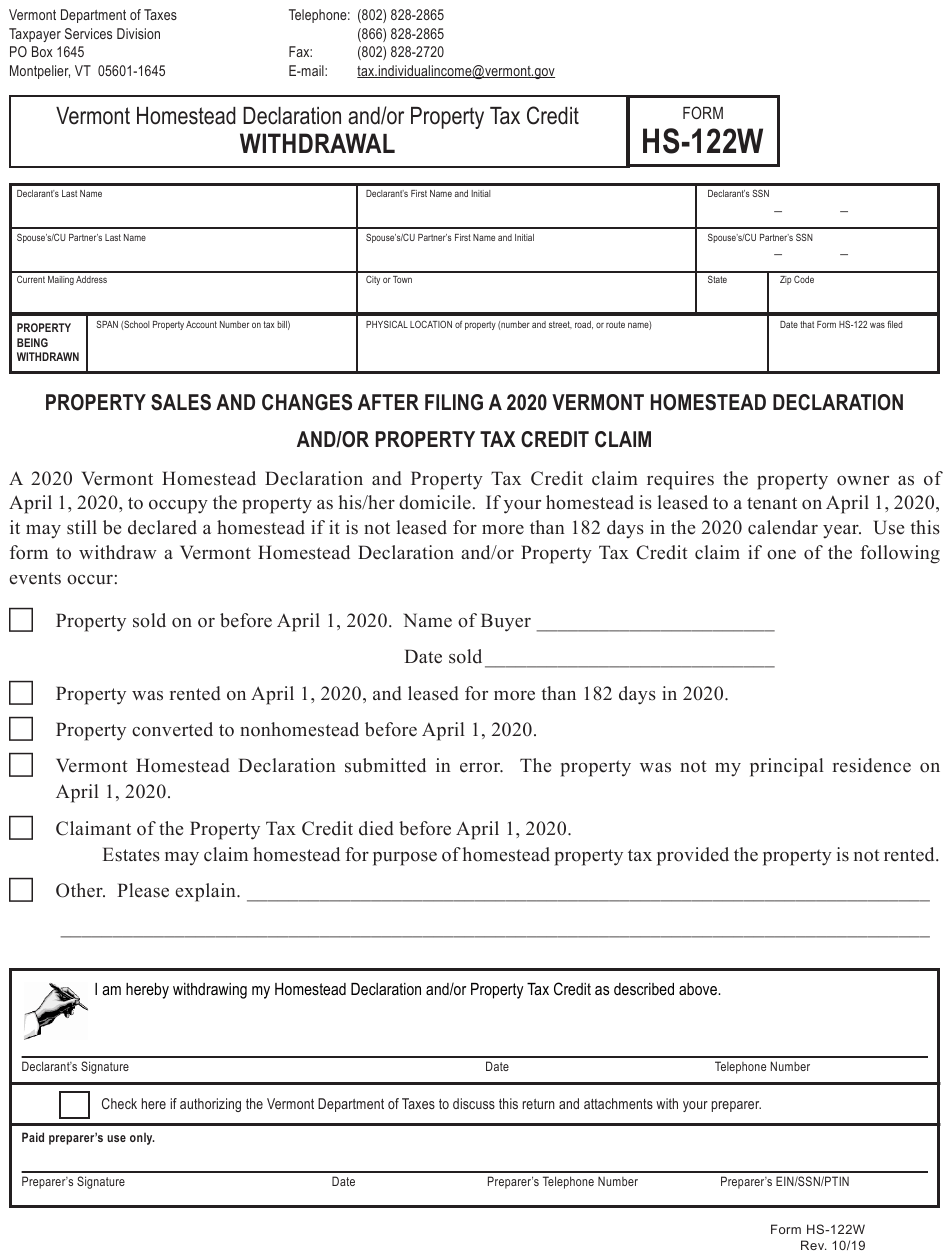 Form HS 122W Download Printable PDF Or Fill Online Vermont 