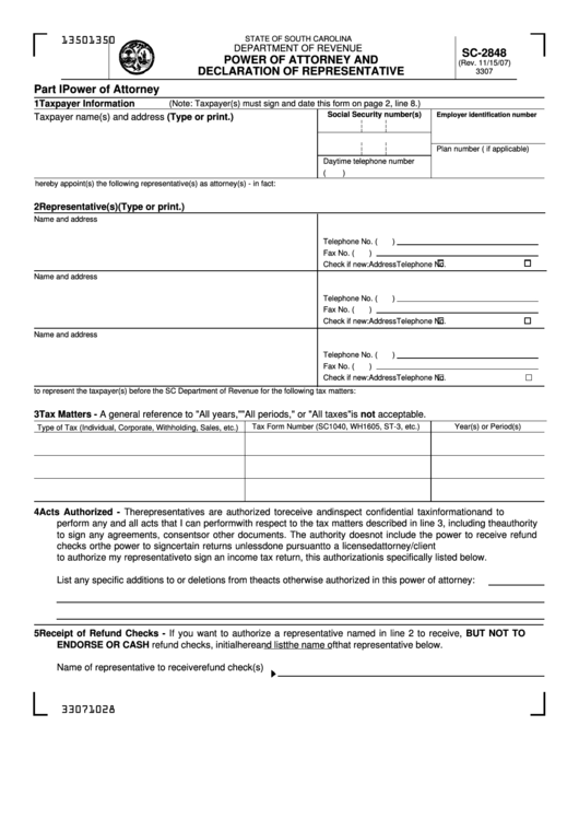 Form Sc 2848 Power Of Attorney And Declaration Of 