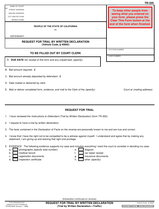 Form TR 205 Download Fillable PDF Or Fill Online Request 