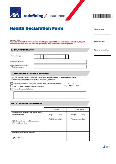 Health Declaration Form AXA Life Insurance Singapore