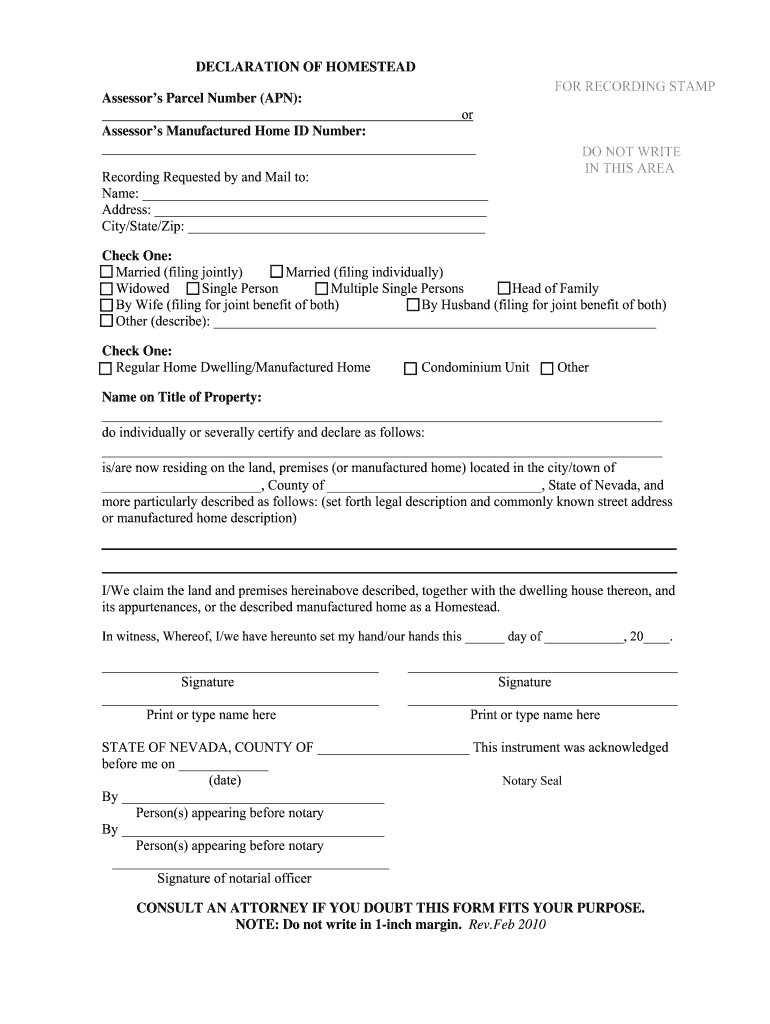 Homestead Declaration Nevada Fill Online Printable 
