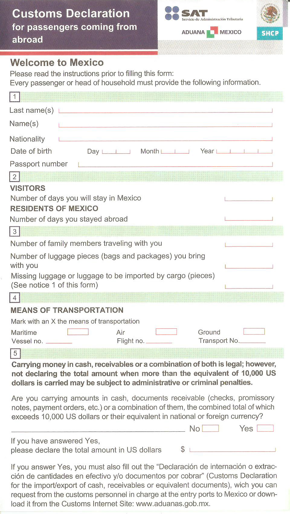 Immigration And Customs Forms Mexico And United States 
