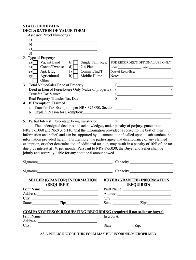 Nevada Declaration Of Value Form Fill Out And Sign 