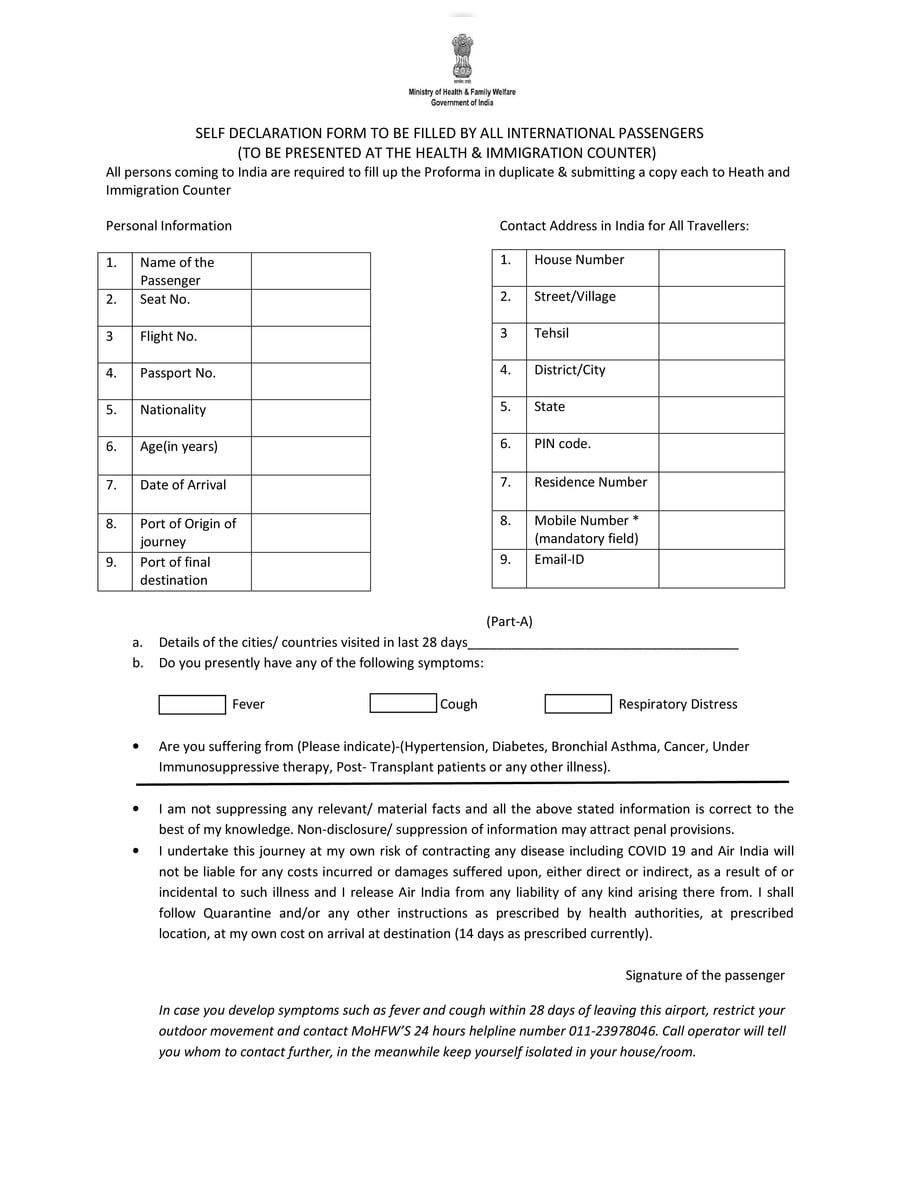  PDF Self Declaration Form For International Passenger 