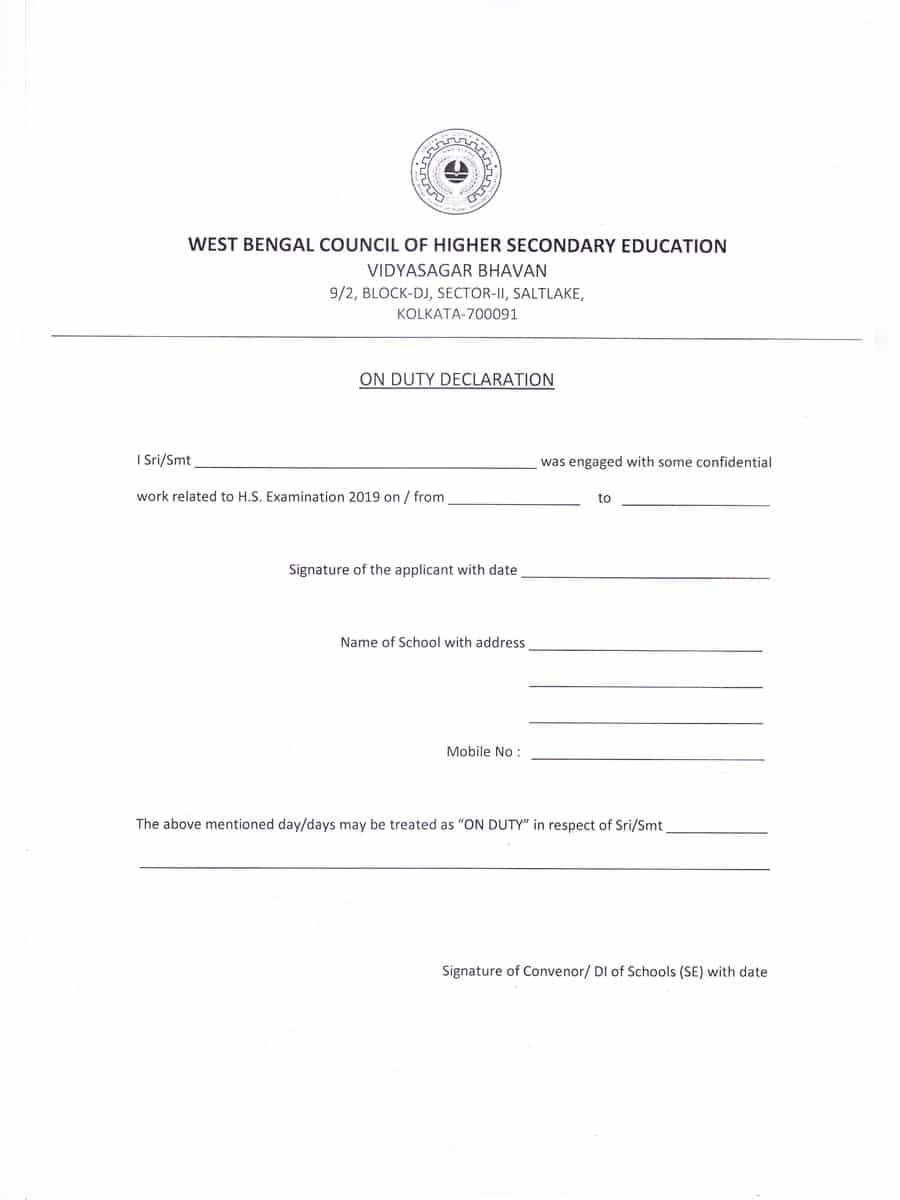  PDF WBCHSE On Duty Declaration Form PDF Download InstaPDF