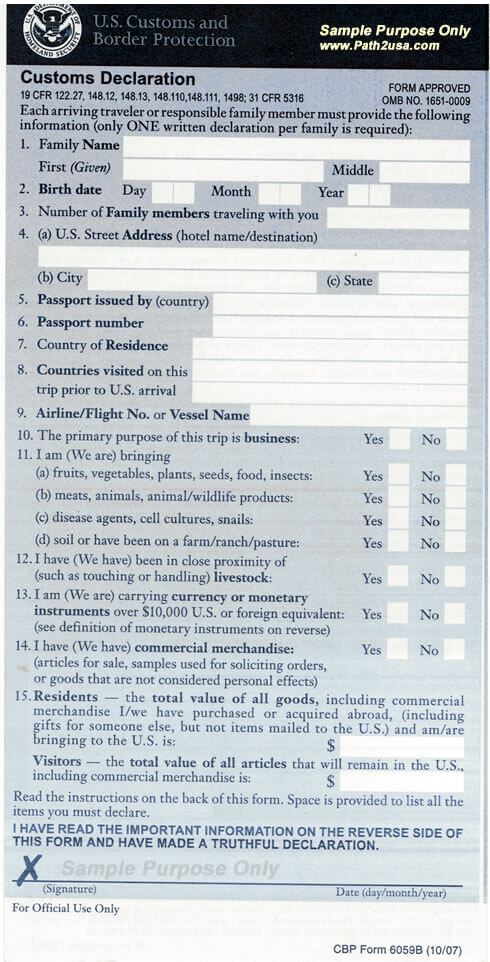 Sample US Customs Form Form 6059B