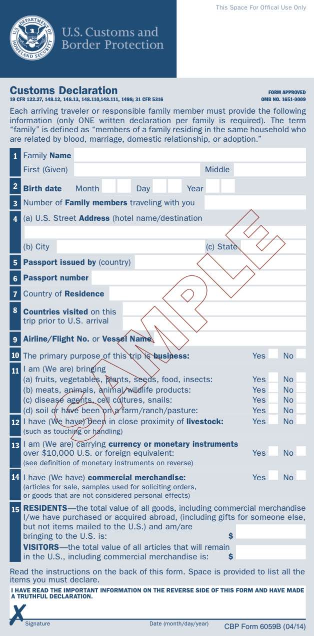 Sample USA Customs Form Front Uncontained Life