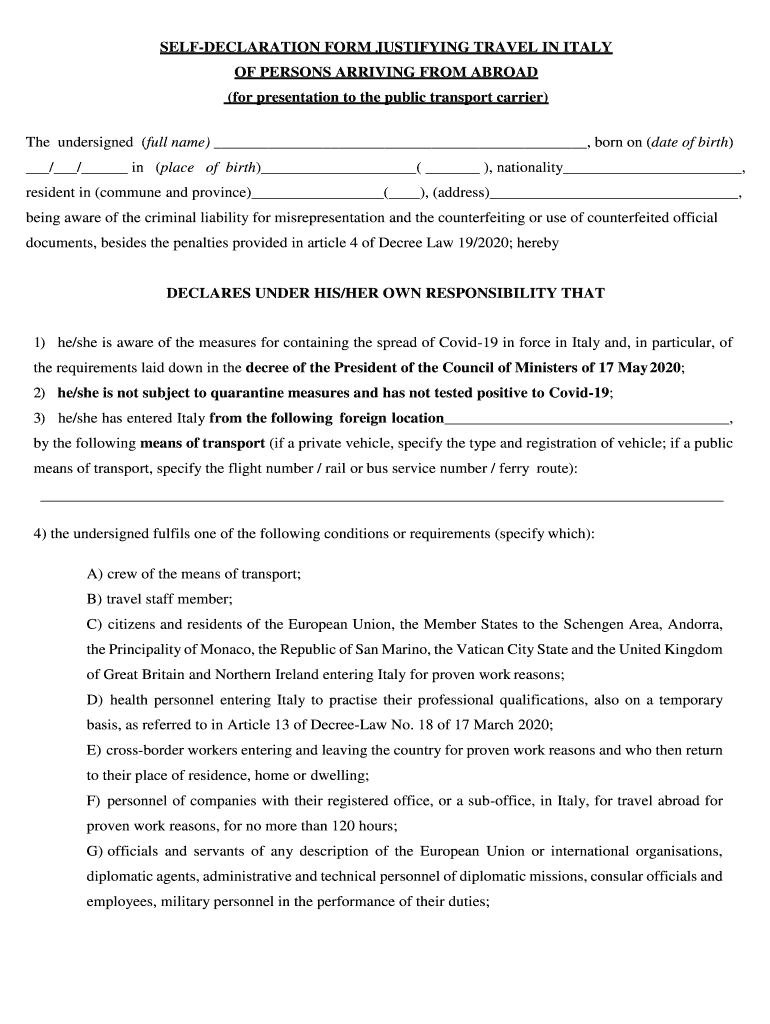 Self Declaration Form Justifying Travel In Italy From 