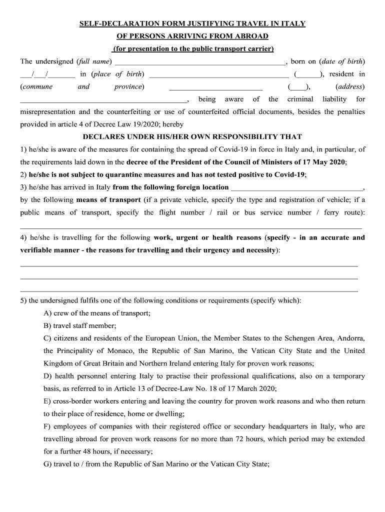 Self Declaration Form Justifying Travel In Italy Of 
