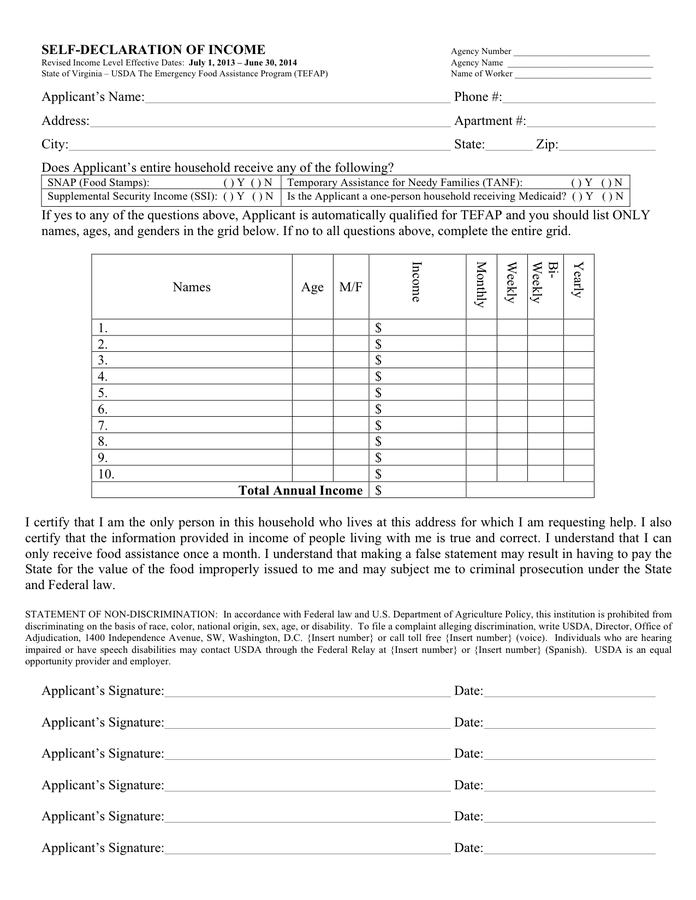Self Declaration Of Income Form In Word And Pdf Formats