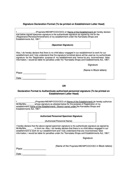 Signature Declaration Format Or Declaration Format To 
