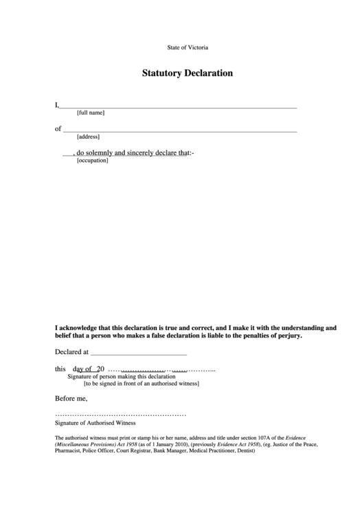 Statutory Declaration Australia Printable Pdf Download