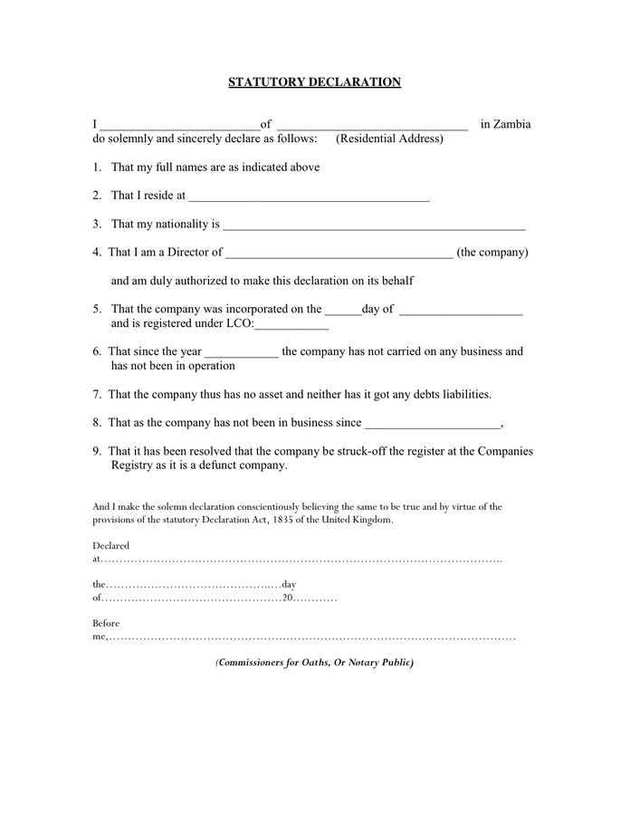 STATUTORY DECLARATION Form In Word And Pdf Formats
