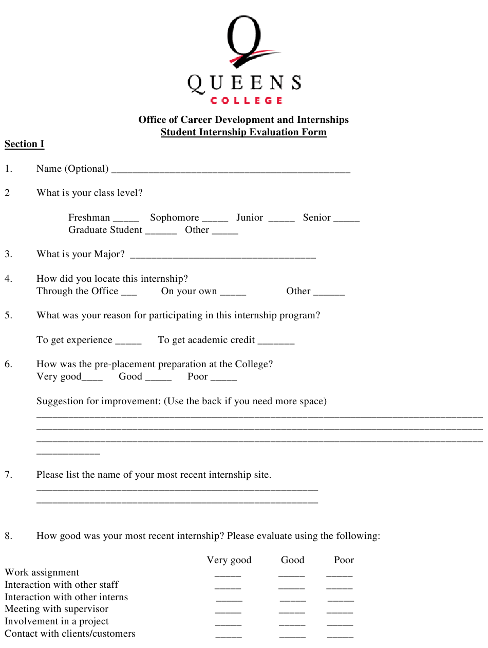 Student Internship Evaluation Form Queens College 