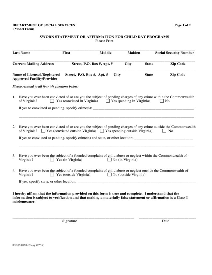 Sworn Statement Form Virginia Free Download