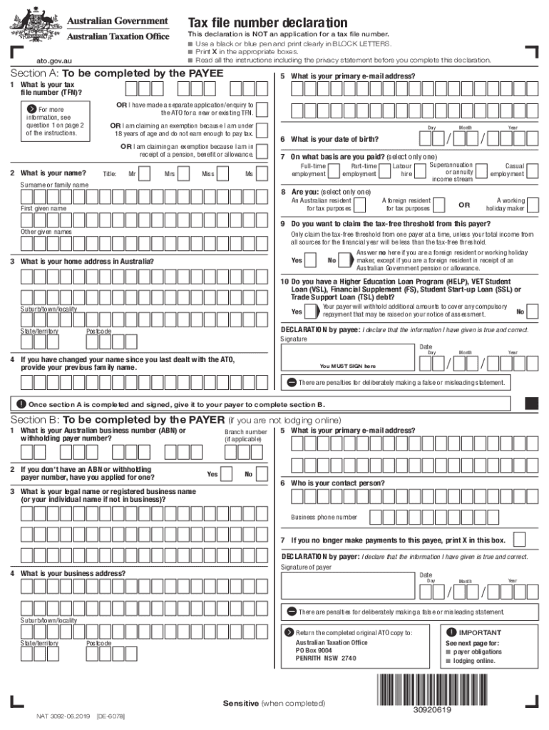 Tax File Number Declaration Australian Taxation Office Tax 